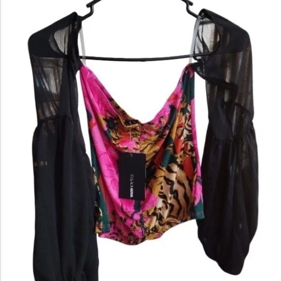 Fashion Nova L NWT Off-Shoulder Mixed Print Crop Top with Black Balloon Sleeves - Picture 2 of 2